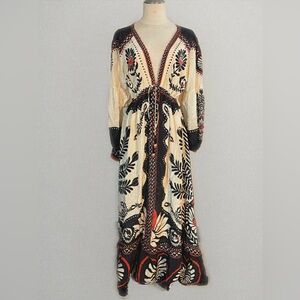 FARM RIO Cream and Black Patterned Maxi Dress with drawstring at waist